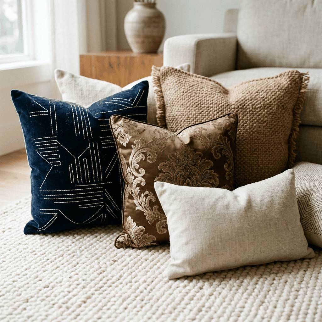 Close-up detail of textured boucle fabric cushions