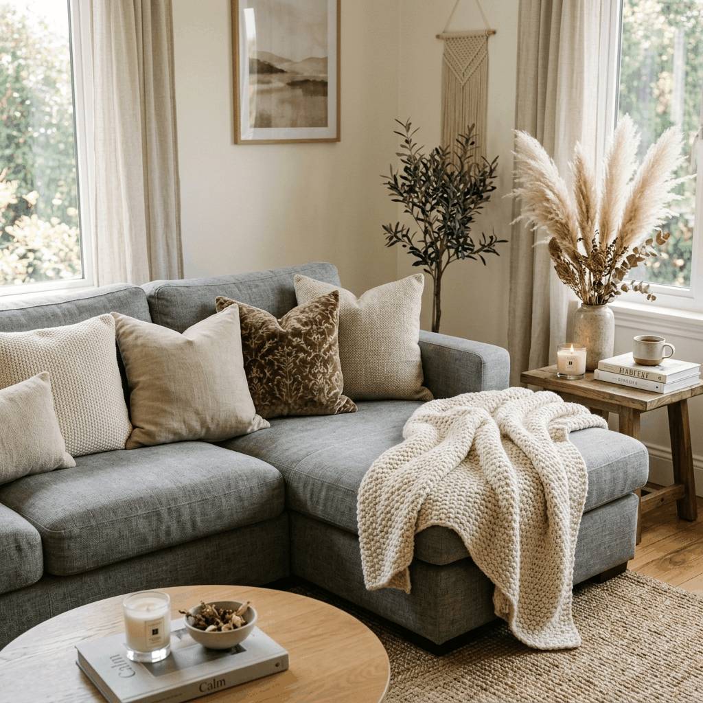 Cozy sofa and fabric arrangement